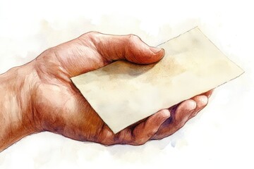 Hand holding a blank card, soft focus background.