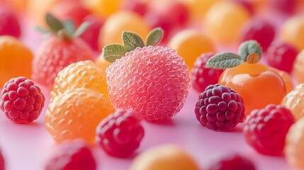 Wall Mural - Close-Up of Colorful Fruit Candies on Pink Background