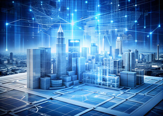 Poster - Smart City: A futuristic cityscape model with a glowing digital network connecting buildings. The image symbolizes innovation, connectivity, and the digital transformation of urban environments. 