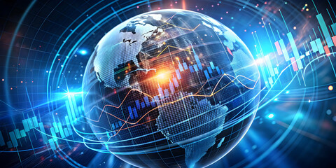 Poster - Global Market Dynamics: A mesmerizing visualization of the interconnected global market, with dynamic data streams and charts swirling around a luminous Earth.
