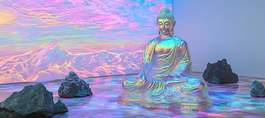 Poster - A holographic art gallery displaying masterpieces that rotate slowly