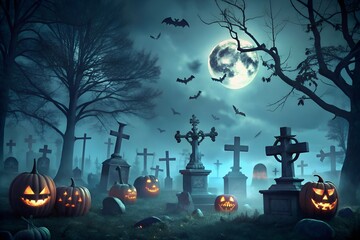 Zombie Rising Out Of A Graveyard cemetery In Spooky dark Night full moon. Holiday event halloween background concept.