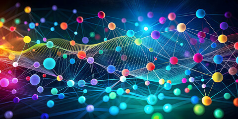 Poster - Vibrant Network Connection: Abstract colorful spheres interconnected by glowing lines, representing global network, data flow, technology, and digital communication.  