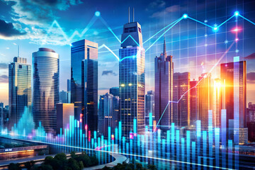 Poster - Global Finance Skyline: A vibrant cityscape at dawn, overlaid with dynamic financial graphs, symbolizes global market trends and economic growth.