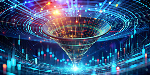 Poster - Digital Funnel: Data Vortex. Abstract digital art depicting a vibrant, glowing funnel symbolizing data flow, convergence, and digital transformation.  
