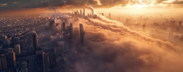 Sticker - A stunning aerial view of a cityscape shrouded in mist, with towering skyscrapers silhouetted against a vibrant sunset.