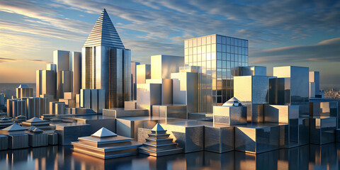 Poster - Modern Metropolis: A captivating aerial view of a futuristic cityscape bathed in the soft glow of dawn, with sleek, metallic buildings reflecting the sky, symbolizing innovation, progress.