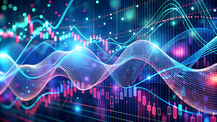 Poster - Dynamic Data Streams: Abstract visualization of financial market data, showcasing vibrant, flowing lines and candlestick charts against a dark background. perfect for illustrating concepts of trading.