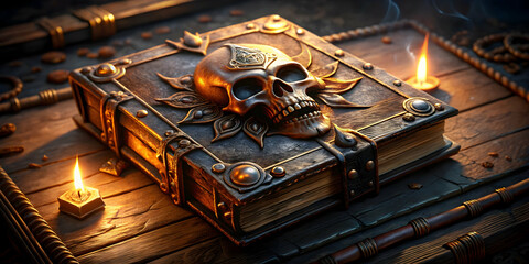 Ancient Grimoire: A weathered, leather-bound book with a skull design on the cover sits on a wooden table, bathed in the flickering light of two candles. The scene evokes mystery, intrigue.