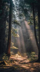 Poster - A forest with sunlight shining through the trees