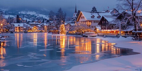 Wall Mural - Frozen Lake in a Swiss Village Reflecting Christmas Lights