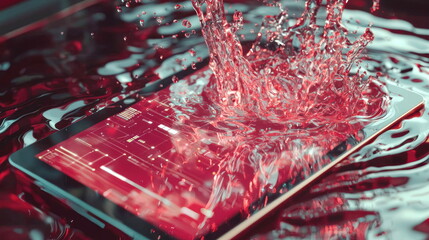 Poster - Tablet submerged in vibrant red liquid, splashing effect, digital circuit display, sleek technology concept, dynamic image