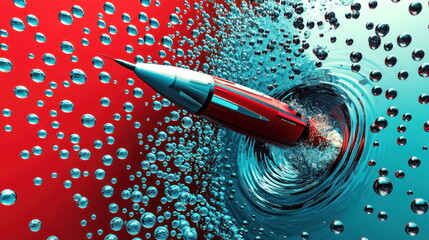 Aufkleber - Rocket Plunging, Dynamic Aquatic Ascent, Bubbles Spiraling, Vivid Red, Blue Contrast, Energetic Motion Display