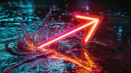 Poster - Neon arrow splash, vibrant water reflections, dynamic motion in urban landscape, energetic night scene, vivid colors