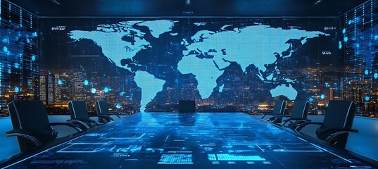 Poster - A holographic boardroom with virtual participants attending a global meeting 