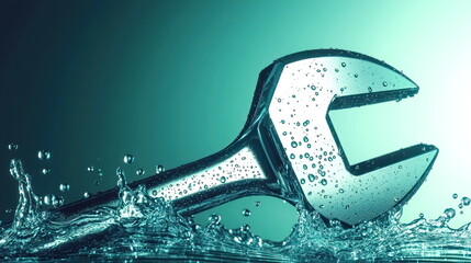 Poster - Wrench Splashing Through Turquoise Water, Dynamic Motion, Industrial Strength, Refreshing Design