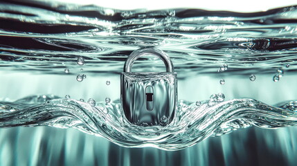 Aufkleber - Lock Submerged, Clear Water Rippling, Bubbles Rising, Metal Shining, Fluid Motion, Reflective Surface Captured