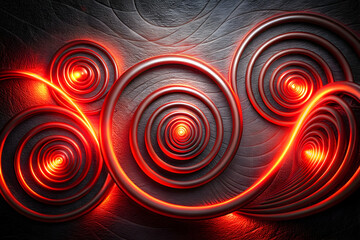 Poster - Red Neon Abstract Circles:  A mesmerizing abstract design with swirling red neon circles and lines on a textured dark background. The glowing effect creates a sense of depth and energy.