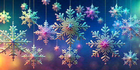 Poster - Winter's Dazzling Dance: A mesmerizing array of iridescent snowflakes, delicately suspended against a vibrant, bokeh-filled backdrop, evokes the magic and wonder of the holiday season.