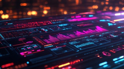 Poster - Futuristic digital interface with vibrant data visualizations and glowing elements.