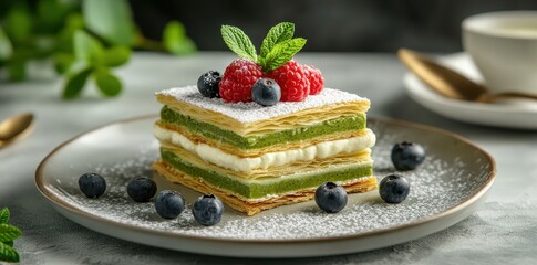 Wall Mural - A delicious layered dessert topped with fresh berries and mint, beautifully presented on a plate, perfect for any sweet tooth.