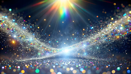 Poster - Celestial Sparkle: Abstract cosmic dust trails converge in a vibrant, glittering display, illuminated by a radiant, rainbow-hued light source.  A mesmerizing spectacle of light and color.