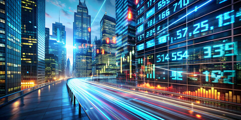 Poster - Global Finance at Night: Dynamic cityscape at night showcasing vibrant stock market data displayed on buildings, emphasizing the fast-paced world of global finance.