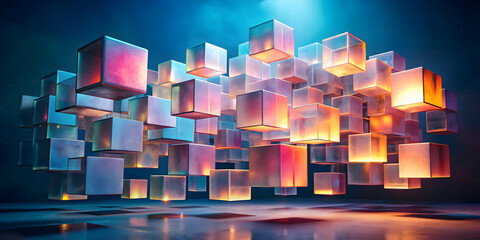 Poster - Abstract Cubescape: Glowing, translucent cubes float in a dynamic, three-dimensional arrangement, creating an ethereal and futuristic dreamscape.