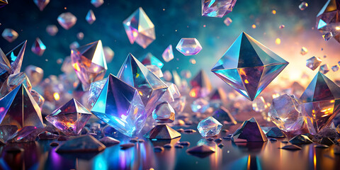 Canvas Print - crystalline dreamscape: shimmering pyramids and gems cascade across a reflective surface, bathed in 