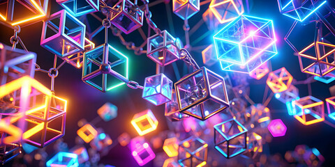 Poster - Abstract Neon Cubes: A captivating abstract composition of luminous neon cubes connected in a mesmerizing network, radiating vibrant energy and symbolizing interconnectedness.  