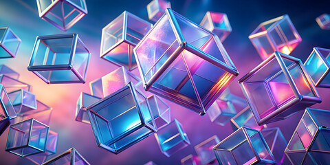 Poster - Neon Cubes in Cosmic Dance: A captivating abstract composition featuring iridescent cubes suspended in a vibrant cosmic landscape, illuminated with mesmerizing neon hues. The cubes.