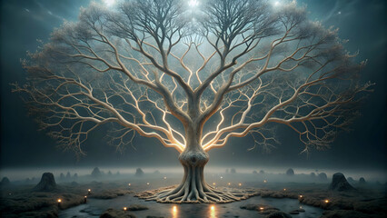 Poster - The Ancient Tree of Light: A majestic, skeletal tree stands bathed in ethereal light, its branches reaching towards a starlit sky. The tree's roots are intertwined with a mysterious.