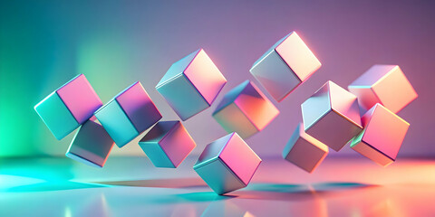Poster - floating cubes in neon light: abstract 3d render of metallic cubes suspended in mid-air, bathed in v