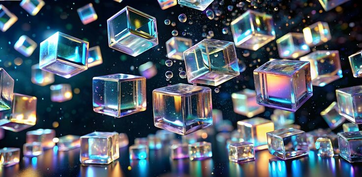  iridescent Cubes Dance: Abstract 3D render of vibrant, iridescent cubes floating and reflecting light in a dark, dynamic space.  A mesmerizing display of color and form.