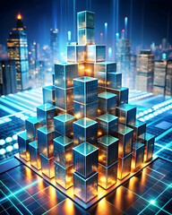 Poster - Cyber City Skyline: A towering structure of glowing cubes, representing technological advancement and urban development, rises above a futuristic cityscape.