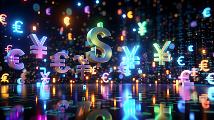 Poster - Global Currency Flow: Neon Currency Symbols Dance in 3D Render