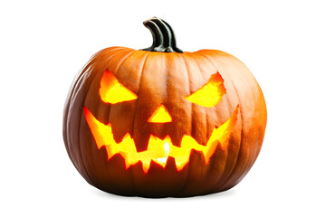Wall Mural - A single lit spooky halloween pumpkins, Jack O Lantern with evil face and eyes isolated against a transparent background.