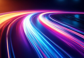 abstract curved light trails create dynamic sense of speed and motion, showcasing blend of bright colors like blue, pink, and orange against dark background