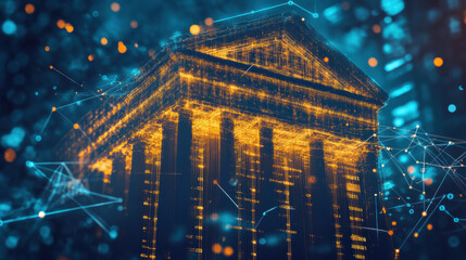 Wall Mural - banking sector is experiencing growth in financial technology, showcasing digital transformation. This image illustrates futuristic bank building with glowing lines and connections, symbolizing