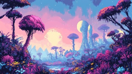 Poster - Pixelated Fantasy Landscape with Purple Trees and a Sunset