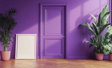 Poster - Purple wall with empty text frame on the left, door in front of it and plants next to them.