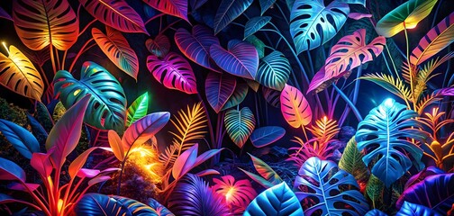 Wall Mural - neon tropical paradise: vibrant, iridescent tropical leaves glow in the dark, creating a surreal and