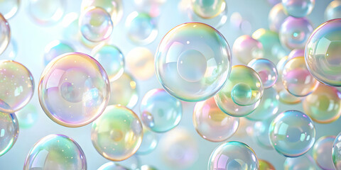Poster - Bouncing Bubbles of Joy: A whimsical and dreamy photo of iridescent soap bubbles floating in a soft blue sky, capturing the carefree spirit of childhood and the beauty of simple pleasures.  