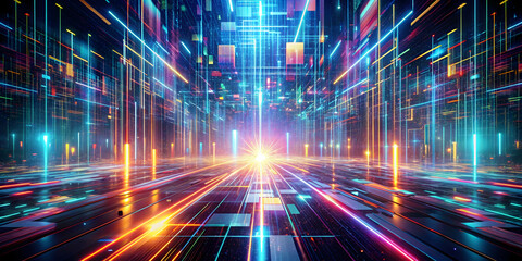 Poster - Neon Cityscape: A mesmerizing digital landscape with vibrant neon lines and glowing squares, creating a futuristic and ethereal atmosphere.