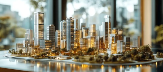 Poster - A holographic city planner tool showing buildings rising and falling in a virtual cityscape 