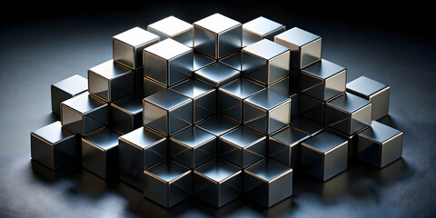 Poster - Metallic Cube Structure: A captivating arrangement of metallic cubes forms a striking abstract composition, showcasing a sense of order and unity.