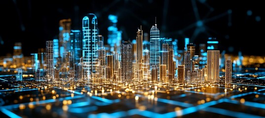 Poster - A holographic city planner tool showing buildings rising and falling in a virtual cityscape 