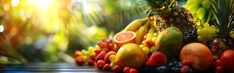 Wall Mural - Closeup of a pile of colorful fruits and vegetables, representing light and bokeh in background