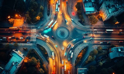 aerial view of a busy city street intersection at night, generative ai