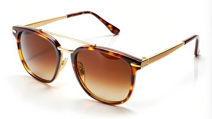 Golden and tortoiseshell sunglasses laying on white surface